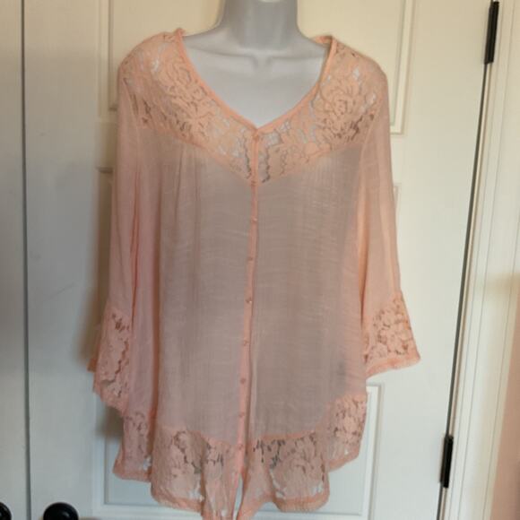 Zac & Rachel Peach Crochet Trim Semi Sheer Boho/Peasant Top Sz M - Picture 1 of 8